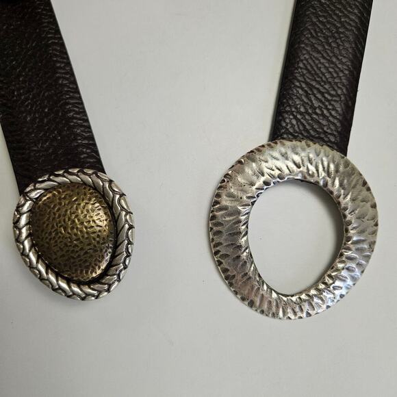 Chico's Hammered Metal Ring & Hook Sling Belt M/L Brown Leather Silver Brass - Picture 3 of 9